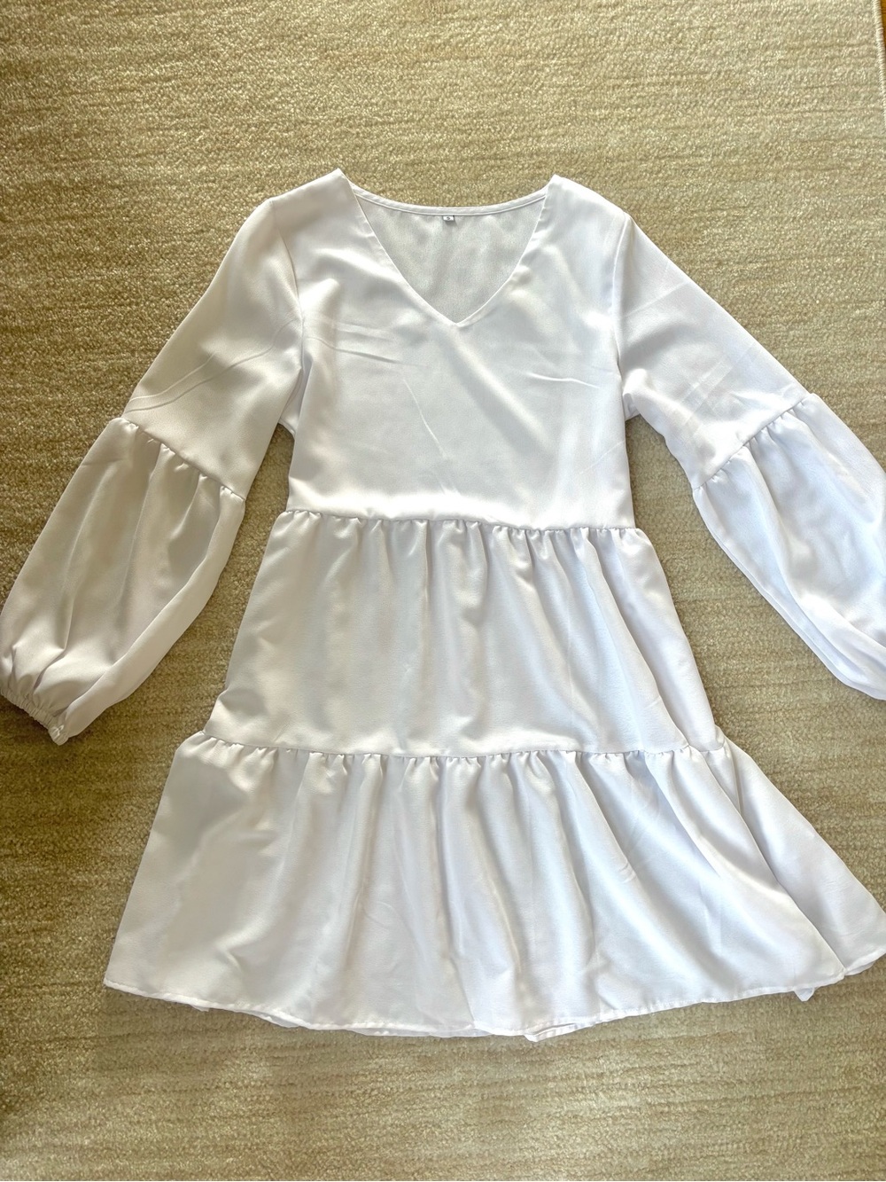 Women’s White Tiered V-Neck Dress with Bishop Sleeves